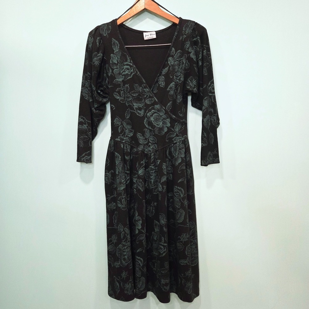 VTG Joni Blair of California Dress Drop Waist Black Teal Garden Party Floral 11